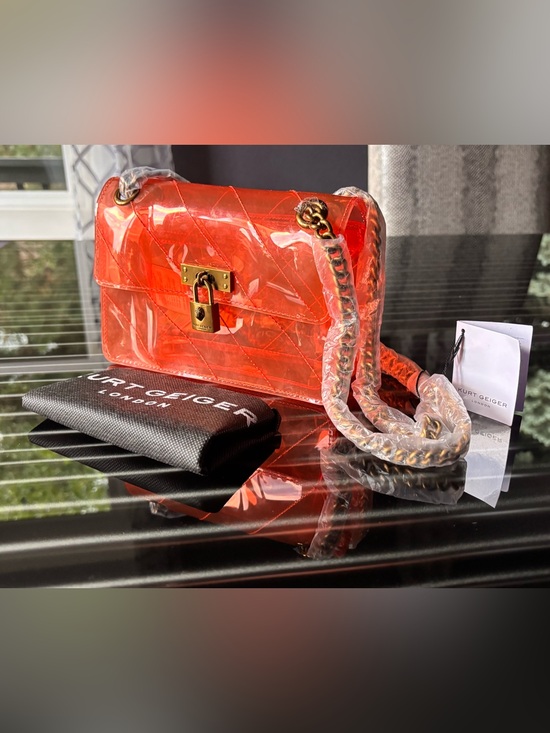 Kurt Geiger Handbags - Transparent Kurt Geiger Quilted Shoulder Bag with Gold Chain in Fun Orange!